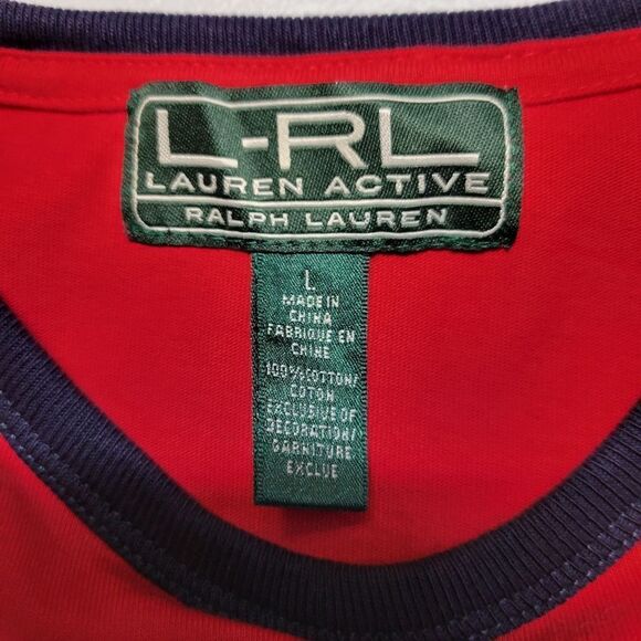Lauren Ralph Lauren Red Navy Stripe Rugby Style Equestrian Club Tee Vintage - Picture 6 of 8